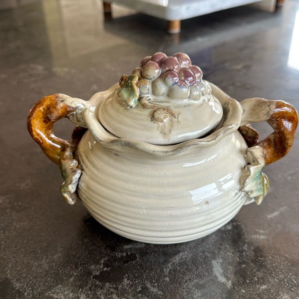 Vintage Tureen Lidded Bowl Studio Art Pottery with Grape and Leaves